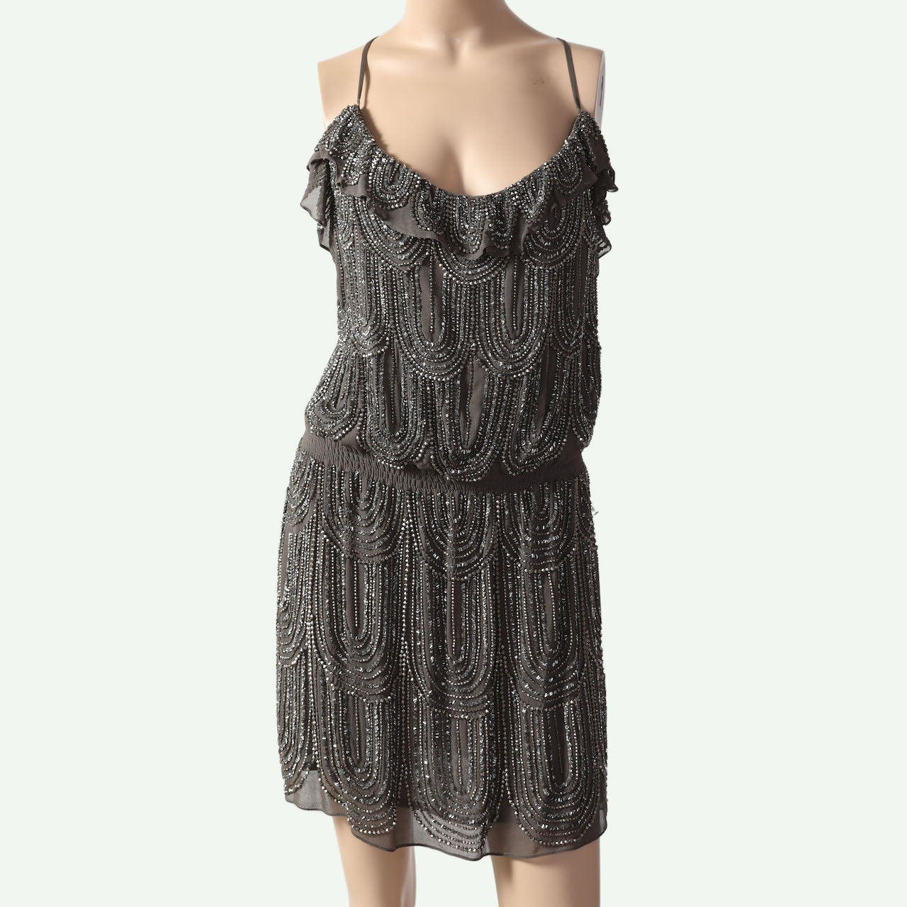 BOYOD Gray Silver Beaded Ruffle Blouson Mini Dress