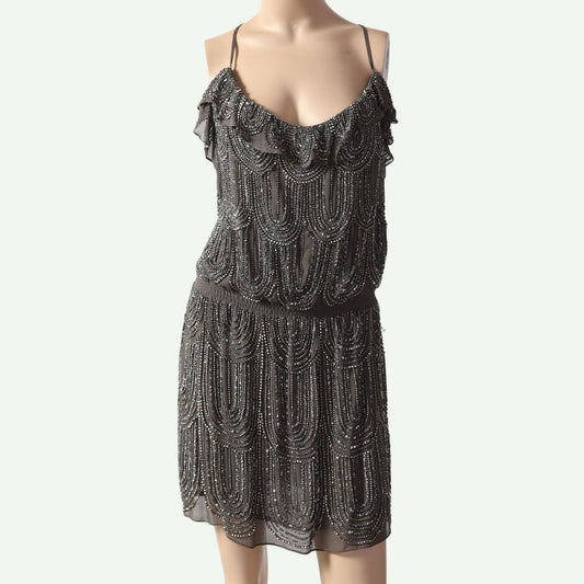 BOYOD Gray Silver Beaded Ruffle Blouson Mini Dress