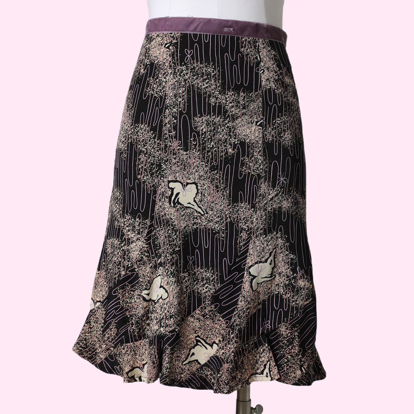 BEVERLY & MONIKA Vintage Black Purple and Gold Abstract Pattern Tulip Skirt
