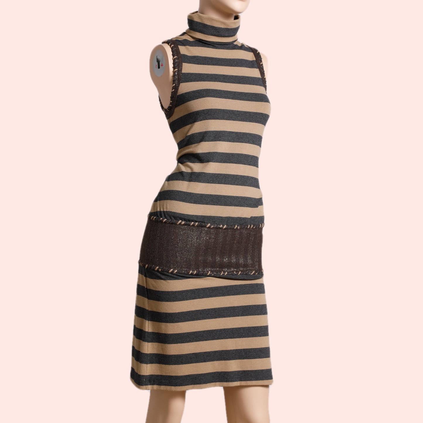 NIKKA Brown & Gray Stripe Sleeveless Turtleneck Midi Dress Vintage Y2K