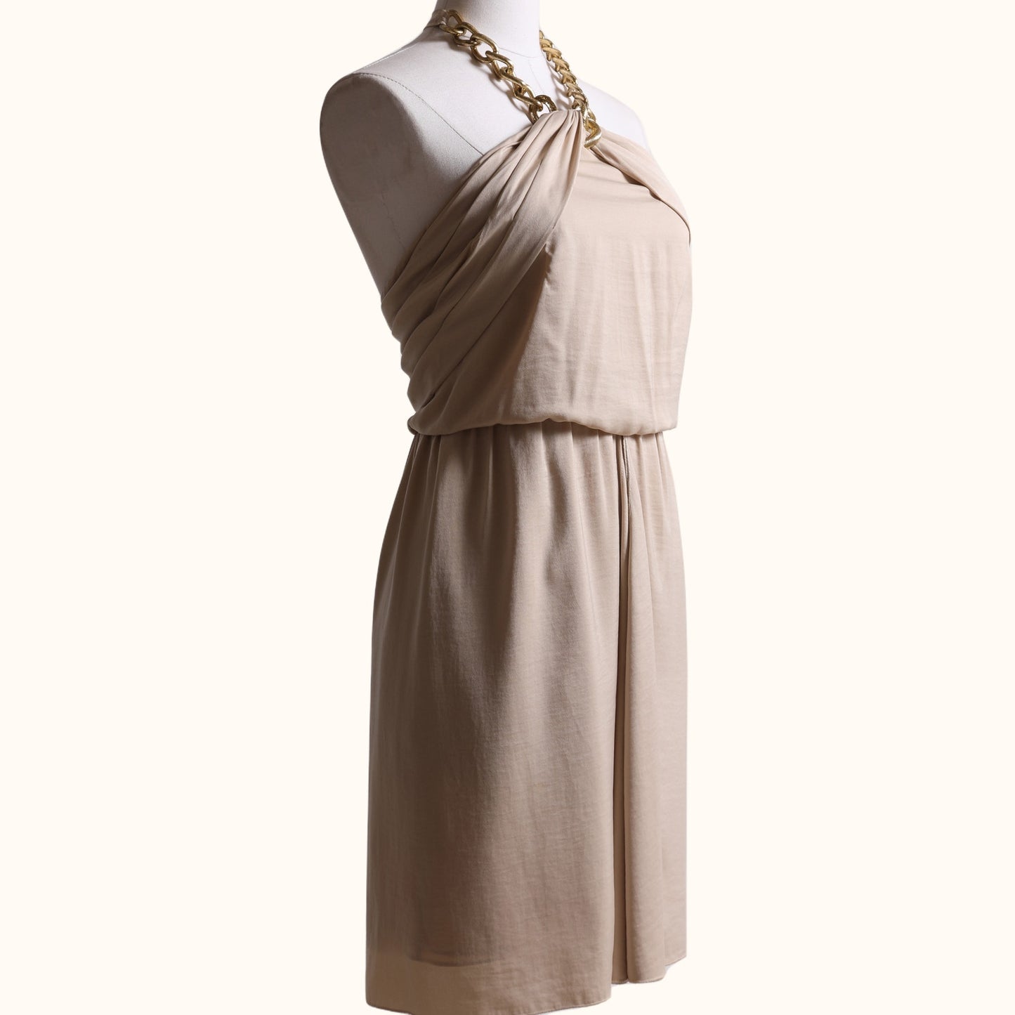 BCBGMAXAZRIA Vintage Beige Satin Gold Chain Halter Mini Dress