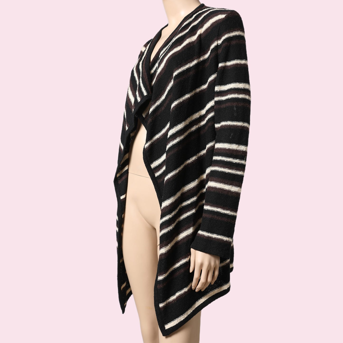TORY BURCH Black, Brown, and Cream Linen Striped Cardigan Sweater