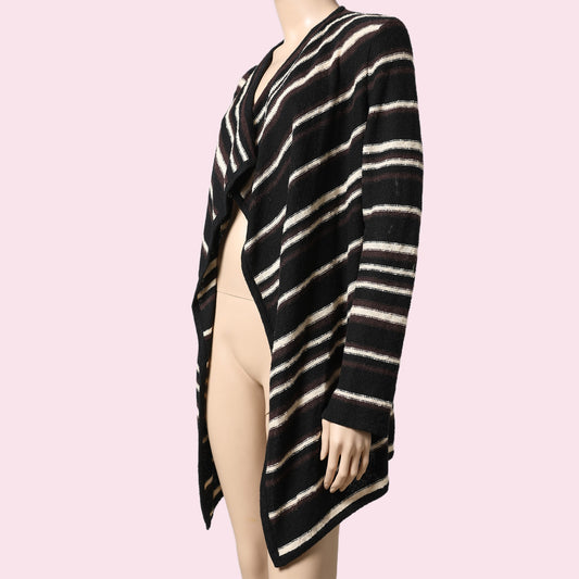 TORY BURCH Black, Brown, and Cream Linen Striped Cardigan Sweater