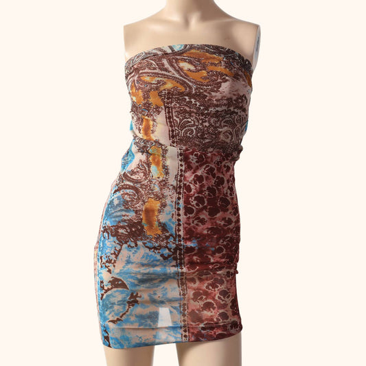 PLEIN SUD JEANS Vintage Multicolor Printed Mesh Strapless Bodycon Dress
