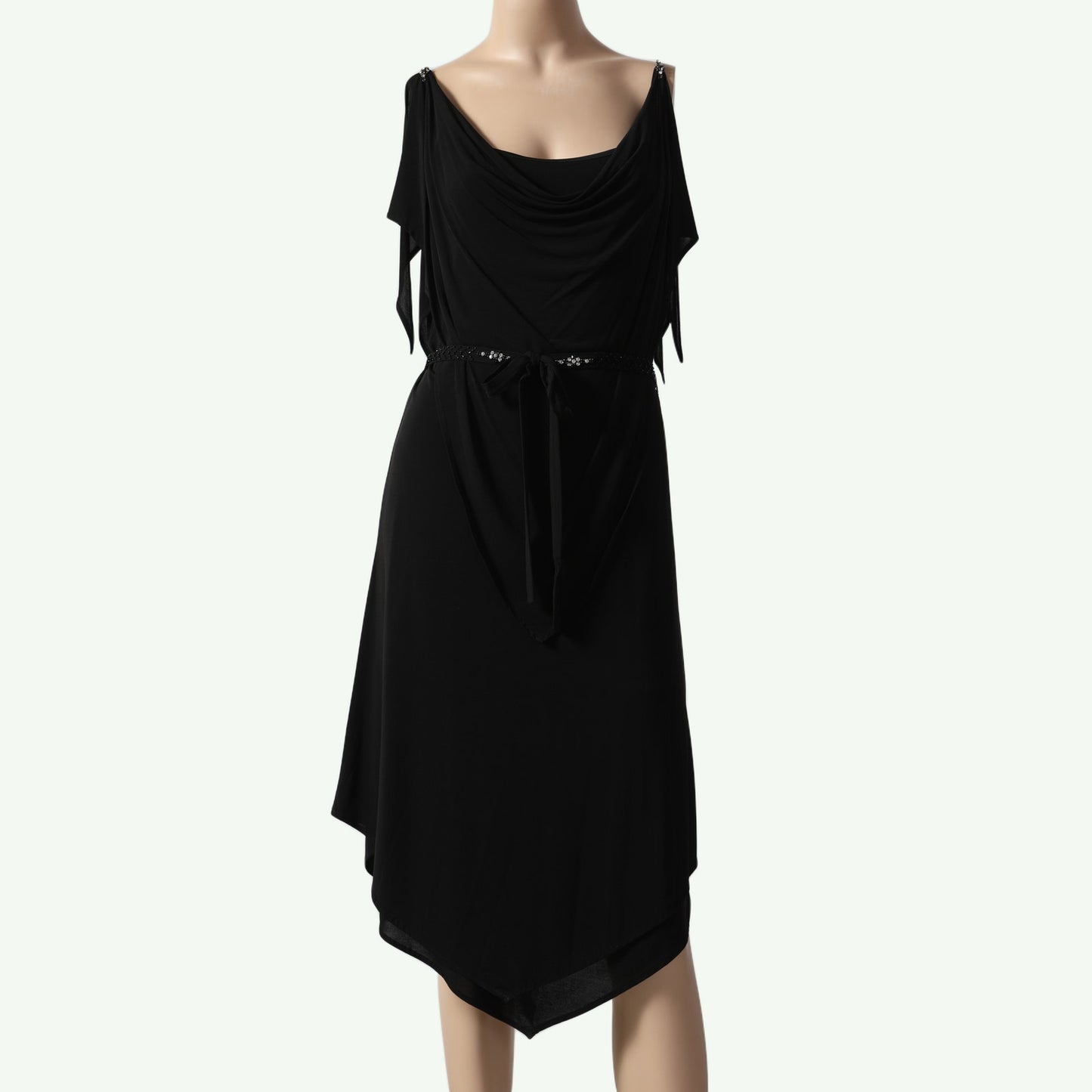 BCBGMAXAZRIA Vintage Black Draped Scoop Neck Asymmetrical Hem Knee Length Dress