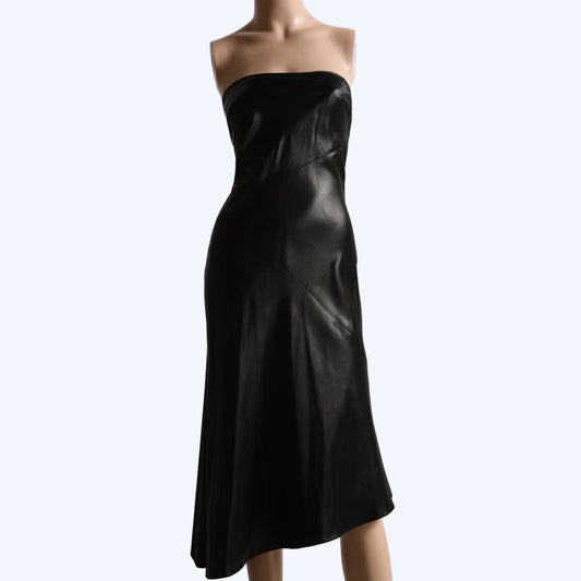 PLEIN SUD Vintage Black Silk Asymmetrical Strapless Midi Dress