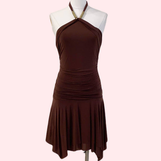 BCBGMAXAZRIA Brown with Gold Accents Mini Halter Dress