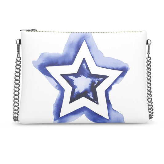 UNTITLED BOUTIQUE White and Blue Leather Star Crossbody Bag with Silver Chain - Limited Edition