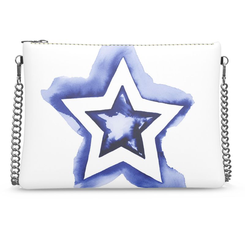 UNTITLED BOUTIQUE White and Blue Leather Star Crossbody Bag with Silver Chain - Limited Edition