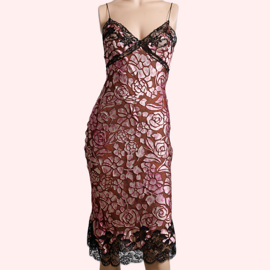 EMANUEL UNGARO PARIS Pink and Black Floral Lace Sleeveless Silk Midi Dress
