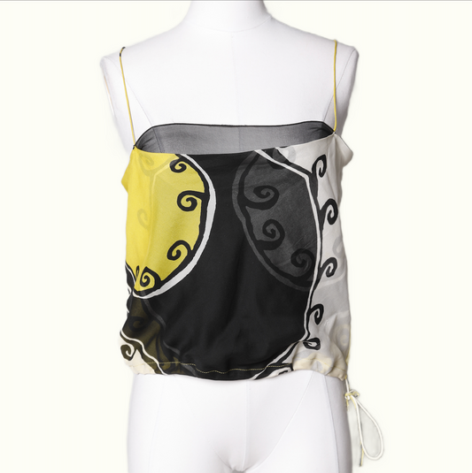 DIANE VON FURSTENBERG Yellow, White and Black Sleeveless Patterned Silk Top