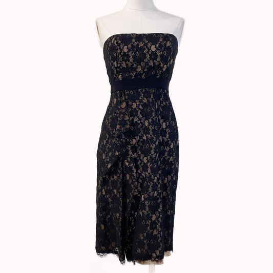 BCBGMAXAZRIA Black Lace with Cream Slip Strapless Midi Dress