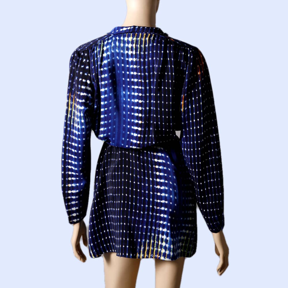 PARKER Blue Multicolor Printed Long Sleeve Silk Mini Dress