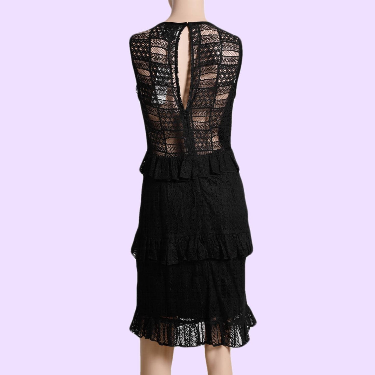 ERIN FETHERSTON Black Lace Sleeveless Ruffled Dress