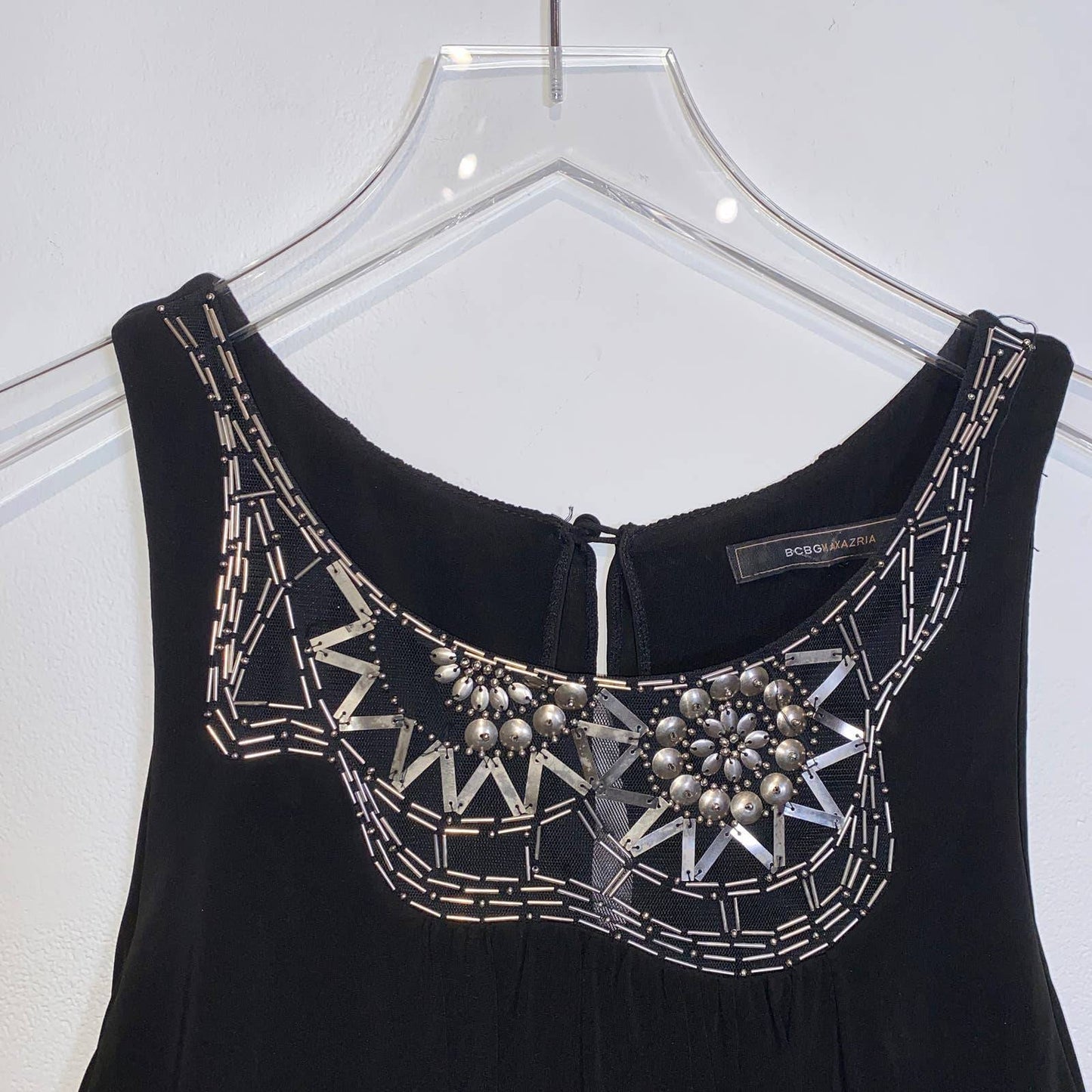 BCBGMAXAZRIA Black Trapeze Dress With Silver Embellishments