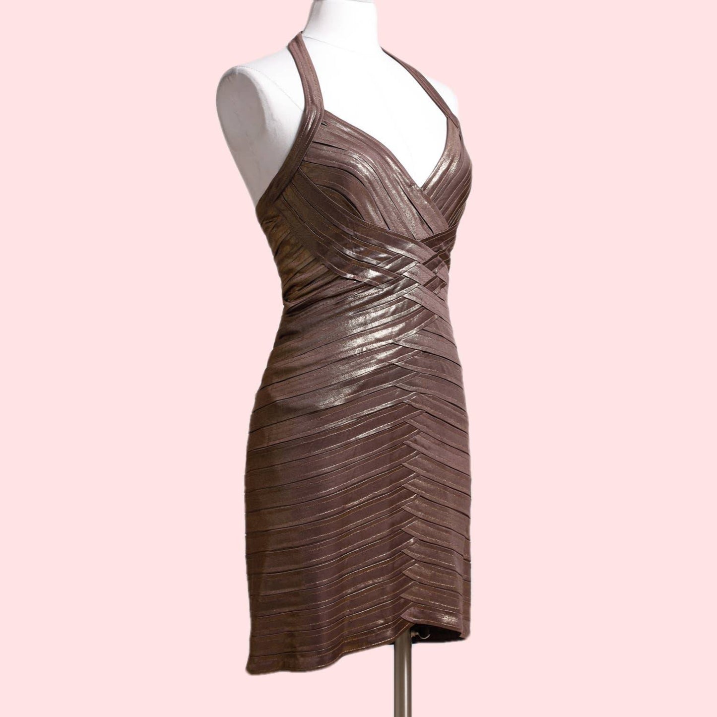 BCBGMAXAZRIA Brown Shimmery Halter Dress