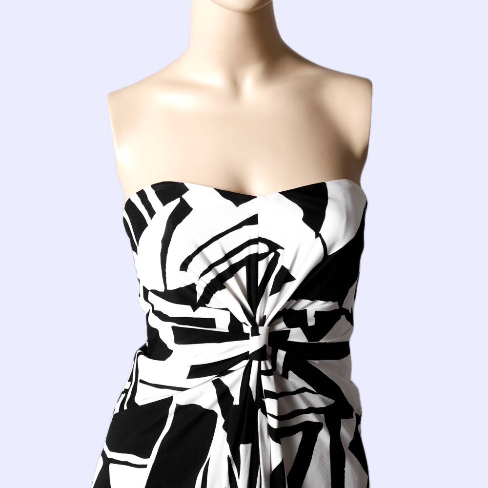 DAVID MEISTER Black and White Strapless Geometric Patterned Dress