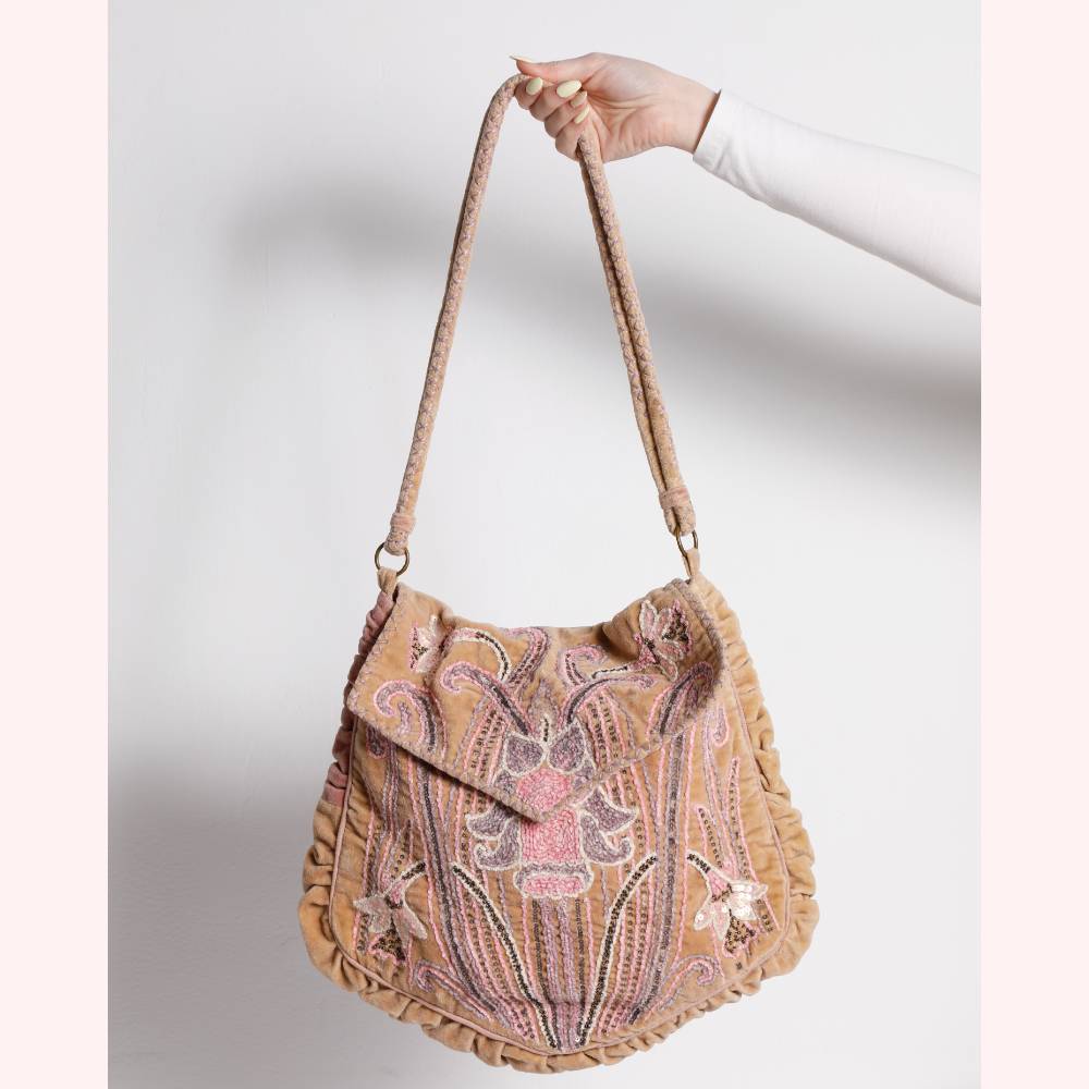 ANTIK BATIK Pink Embellished Velvet Shoulder Bag