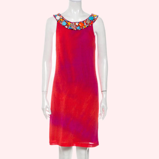 ALICE + OLIVIA Pink and Orange Tie Dye Knit Sleeveless Dress with Stone Embellishments