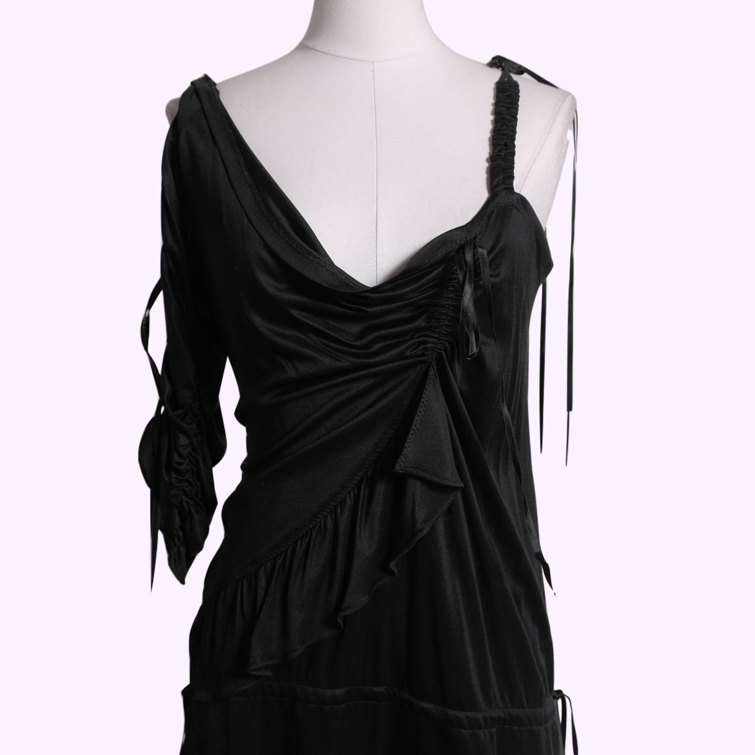 KAREN MILLEN Black One Shoulder Draped Silky Dress With Ribbons