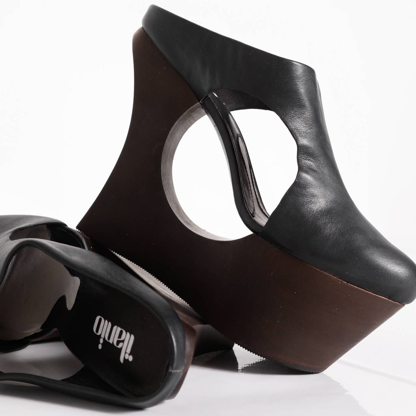 ILANIO Black Leather And Wood Retro Cutout Platform Shoes
