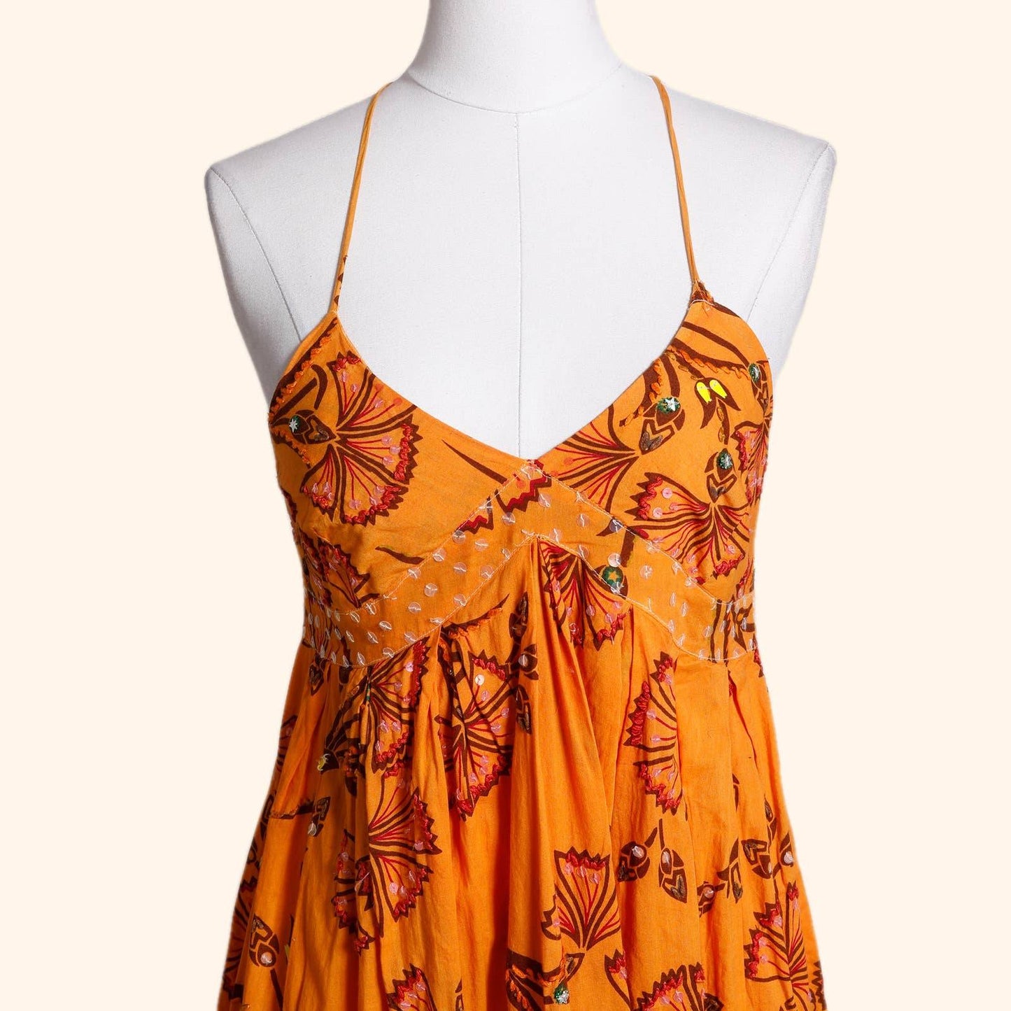 IDEOLOGY Orange Floral Sequined Spaghetti Strap Dress