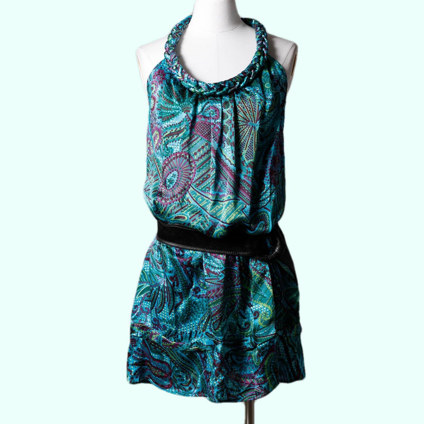 CALYPSO Turquoise Sleeveless Silk Mini Dress