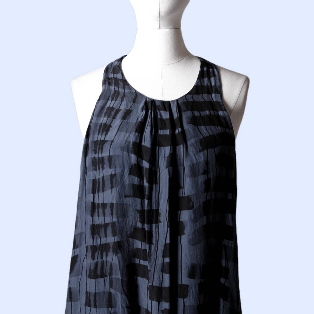 ALICE + OLIVIA Indigo and Black Printed Silk Sleeveless Tank Dress
