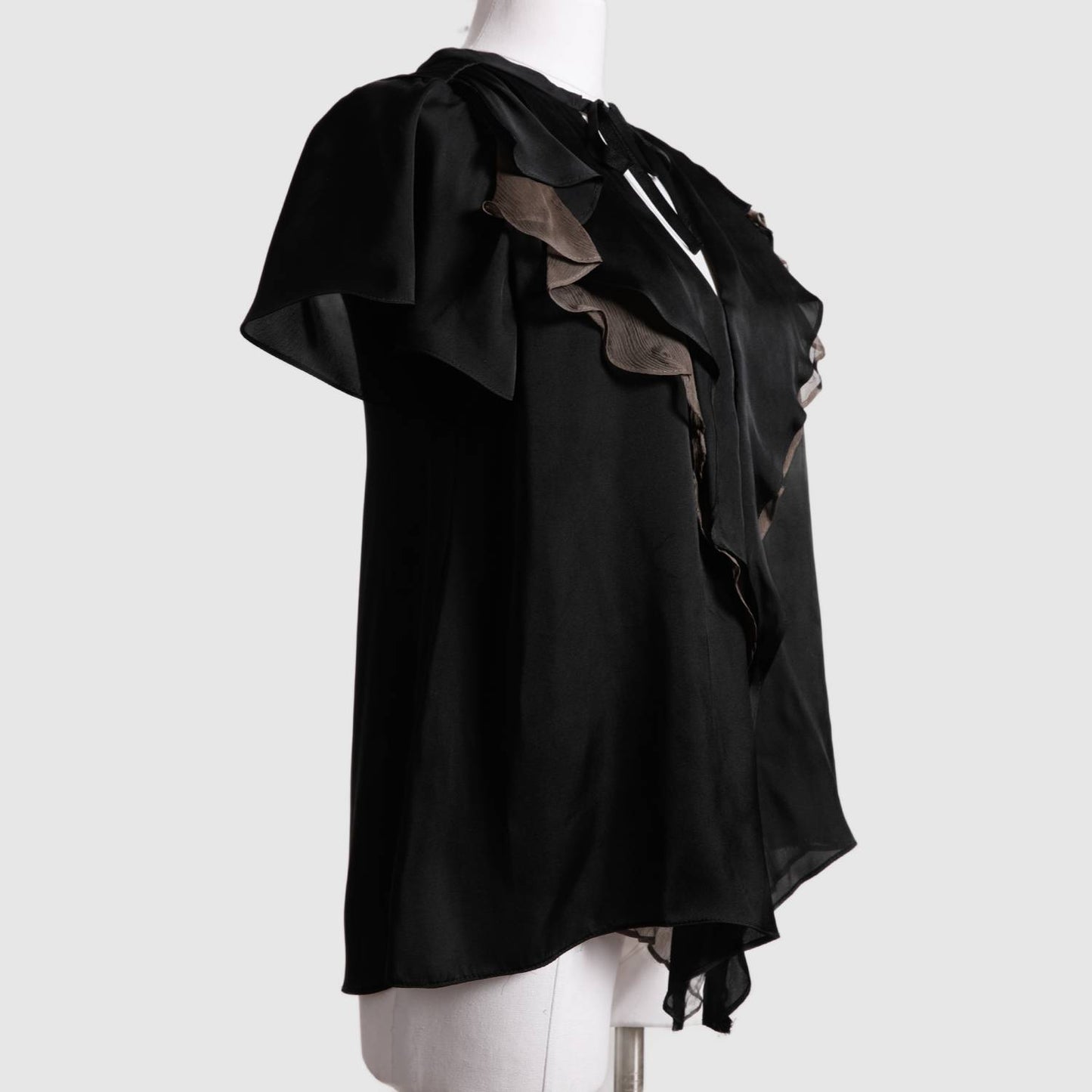 ZARA Vintage Black Ruffled Short Sleeved Silk Top