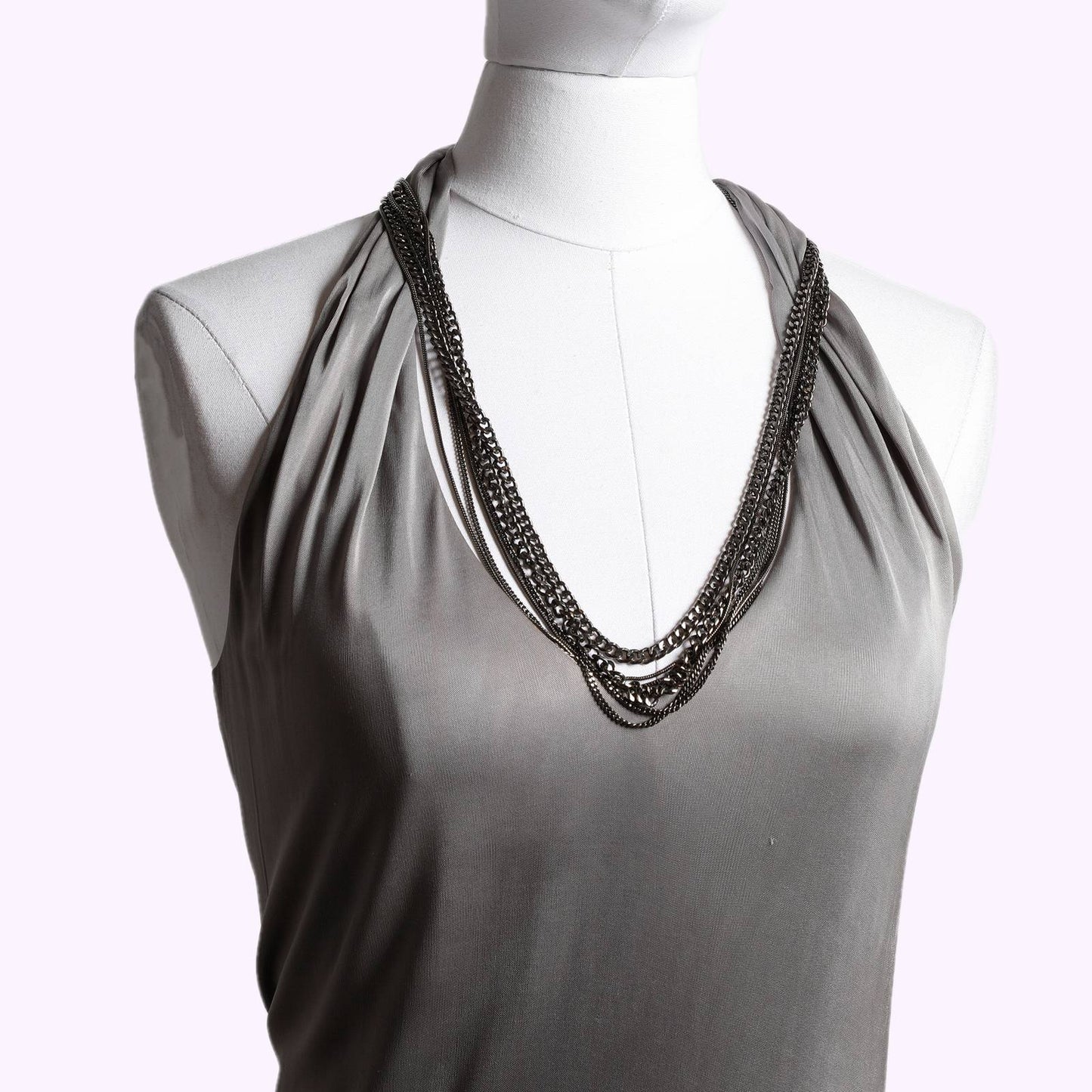 YIGAL AZROUEL Grey Rayon V Neck Dress with Chains