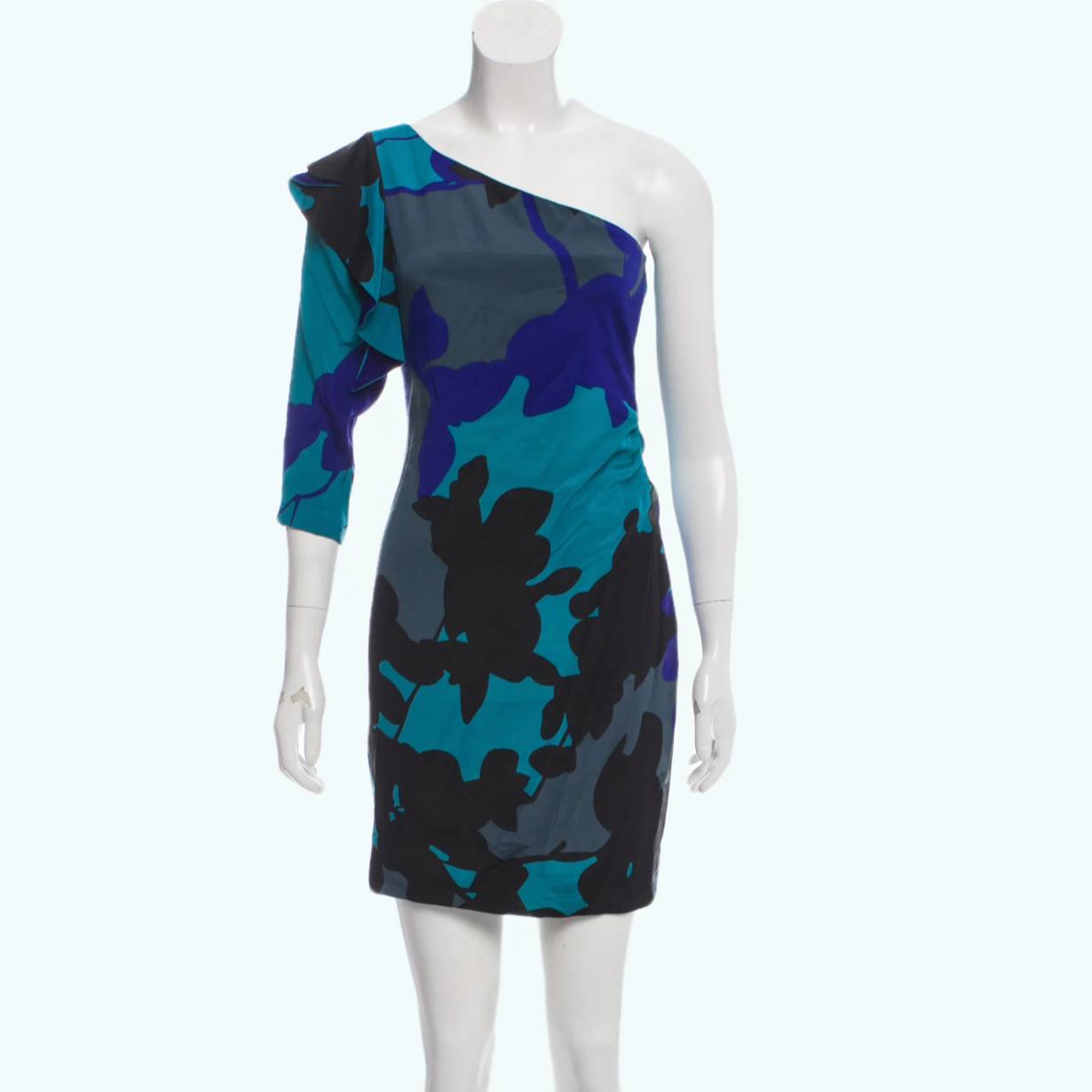 DIANE VON FURSTENBERG One Shoulder Blue/Multicolor Silk Printed Dress