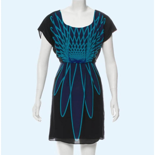 TIBI Geometric Printed Black and Turquoise Silk Dress