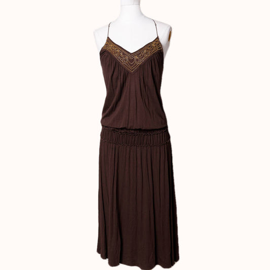 TED BAKER Brown Spaghetti Strap Dress with Gold Embellishments