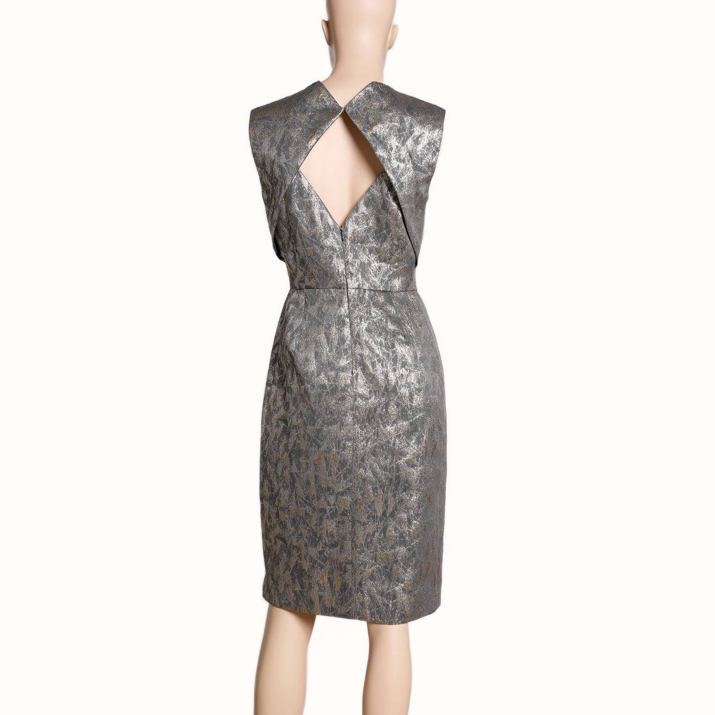 TIA CIBANI Gray and Gold Metallic Printed Sleeveless Dress