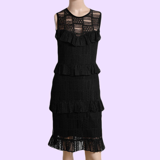 ERIN FETHERSTON Black Lace Sleeveless Ruffled Dress