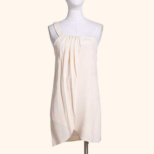 LACEY PARKER Off White One Shoulder Silk Dress