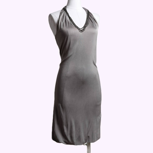 YIGAL AZROUEL Grey Rayon V Neck Dress with Chains