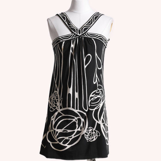 BCBGMAXAZRIA Black and White Patterned Halter Mini Dress