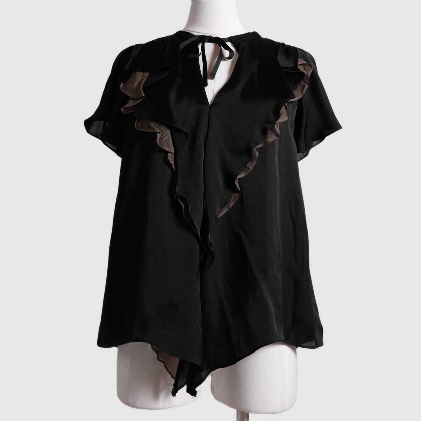 ZARA Vintage Black Ruffled Short Sleeved Silk Top