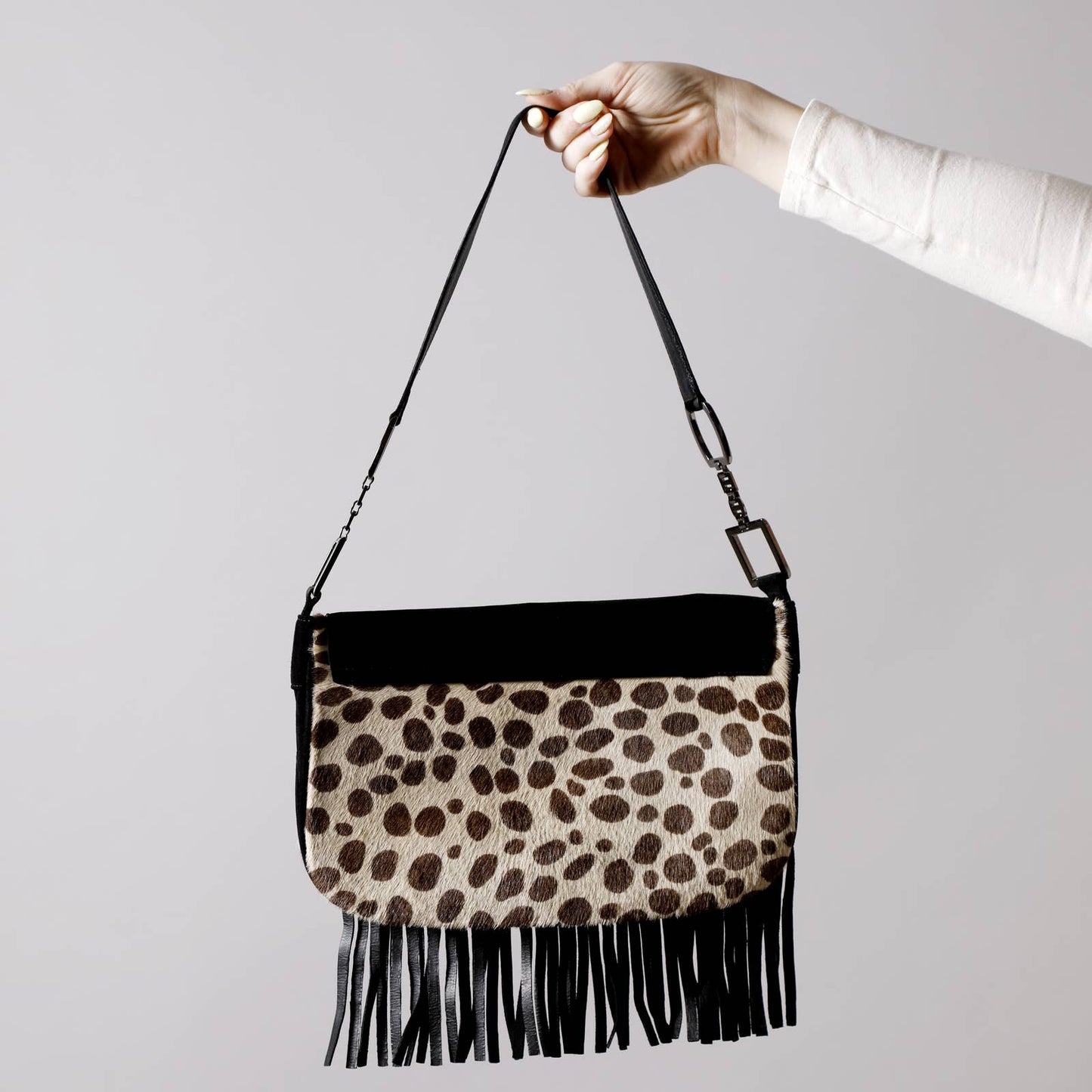 STUART WEITZMAN Black Suede and Leather Fringe with Leopard Print Shoulder Bag
