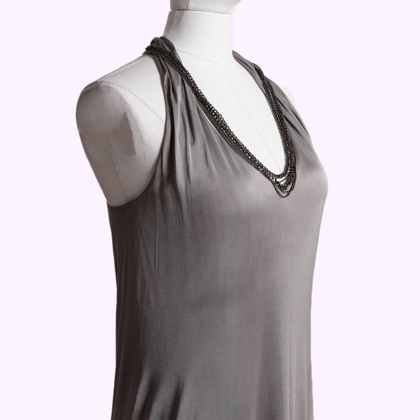 YIGAL AZROUEL Grey Rayon V Neck Dress with Chains