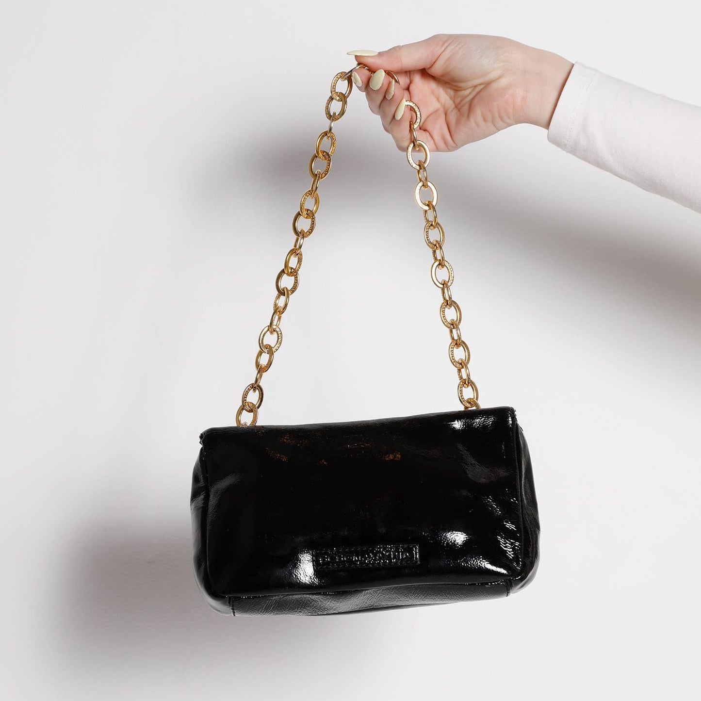 BCBGMAXAZRIA Black Patent Leather Hand Bag with Gold Chain