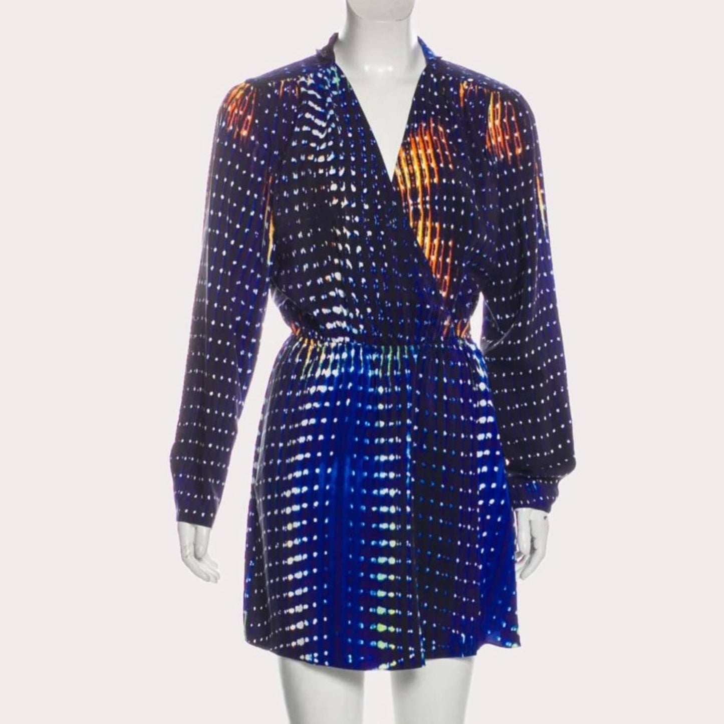 PARKER Blue Multicolor Printed Long Sleeve Silk Mini Dress