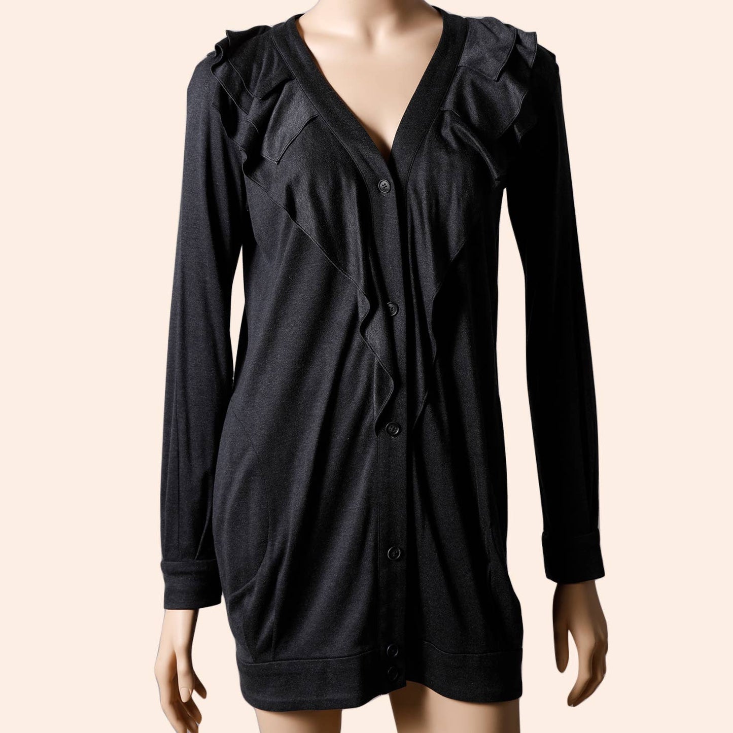 DOO.RI Charcoal Grey Button Up Ruffled Long Sleeve Cardigan Dress