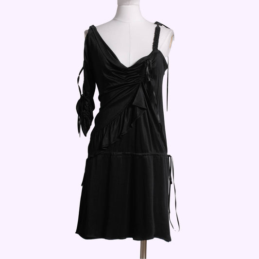 KAREN MILLEN Black One Shoulder Draped Silky Dress With Ribbons