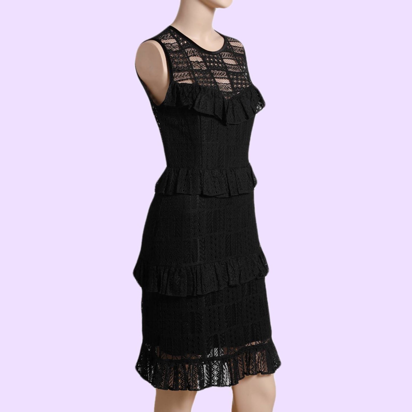 ERIN FETHERSTON Black Lace Sleeveless Ruffled Dress