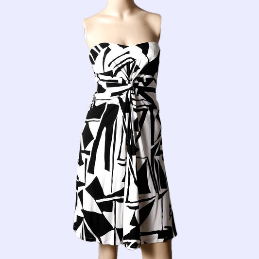 DAVID MEISTER Black and White Strapless Geometric Patterned Dress