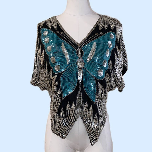 VINTAGE 1970s Silver and Blue Butterfly Sequin 1970s Short Sleeve Top