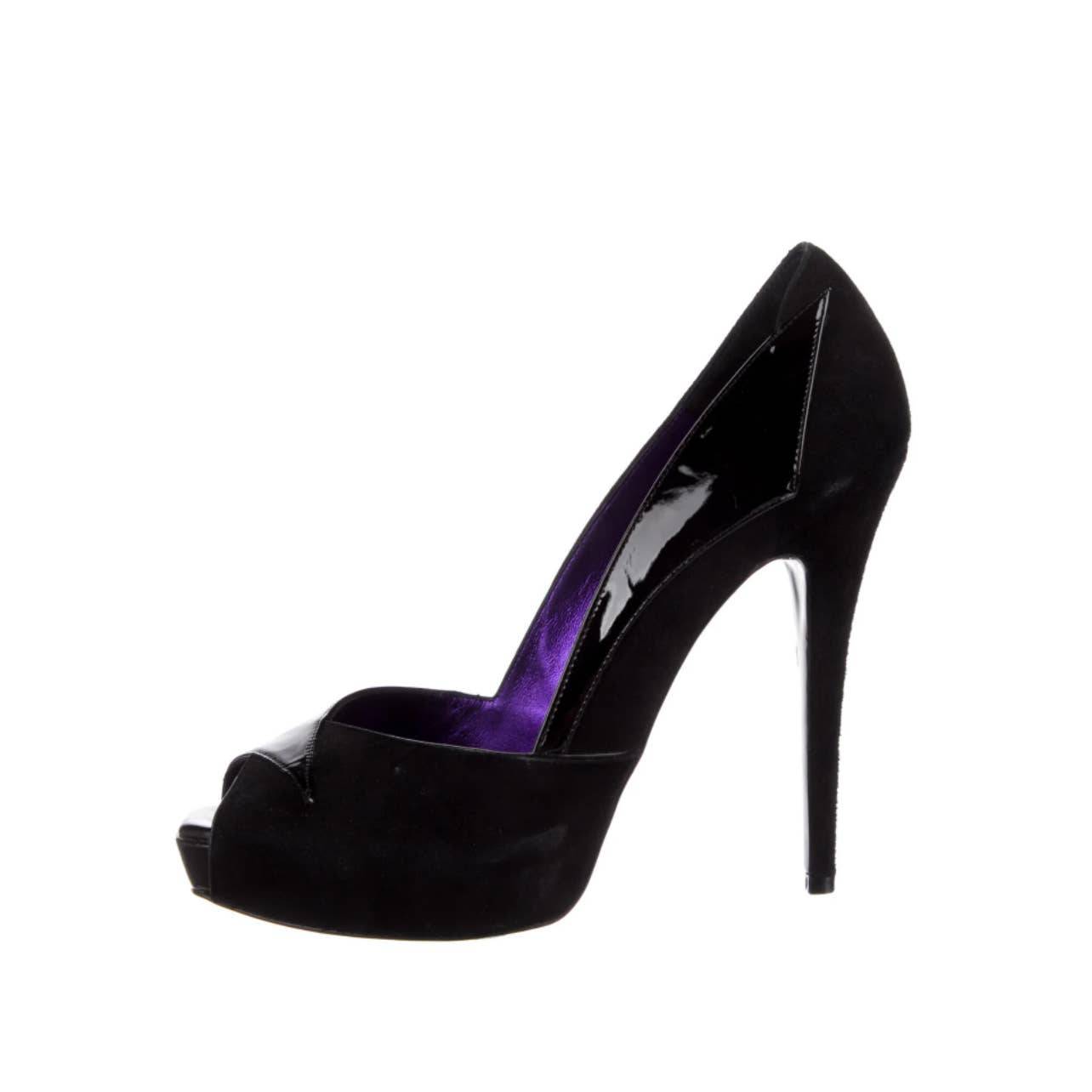 BARBARA BUI Black Patent Leather and Suede Open Toe Platform Pumps