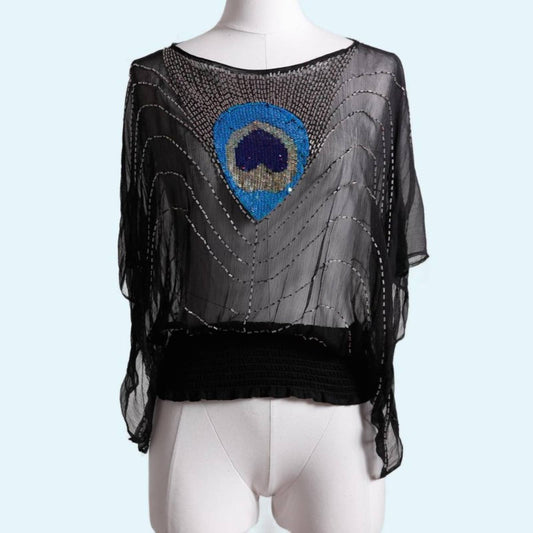 TOPSHOP Vintage Black with Peacock Sequins Short Sleeve Beaded Mesh Blouse